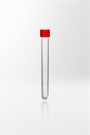 Test tube PS with fitted screw cap PE, 19ml, Ø16x150 mm, round bottom, tube transparent, cap red, sterile R. 800pcs/pack