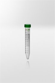 Centrifuge tube PP with screw cap PE, 15ml, Ø17x120mm, con. bottom, tube transp., cap green, sterile, 500pcs/pack