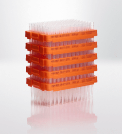 Pipette tips PP, premium surface, refill system, 0-300µl, extra long, 96 pcs/tray, transparent tips, translucent yellow tray, gr