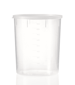 Multi purpose container PP, 1.000ml, Ø110x132 mm, with enclosed snap-on lid PE , transparent, graduated, 250pcs