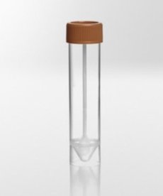 Universal specimen container with spoon PP, 30ml, Ø25x107 mm, with fitted screw cap PE, skirted, container transparent, cap brow