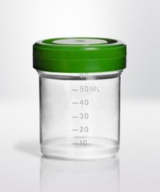 Screw cap container PP, 60ml, Ø50X60mm, cap pre-assembled , container transparent, cap green grading 3 sided, every 10ml, steril