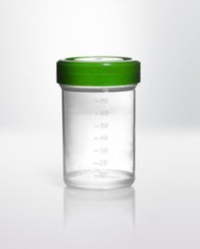 Screw cap container PP, 90ml, Ø50X75mm, cap pre-assembled, container transparent, cap green, grading 3 sided, every 10ml, steril