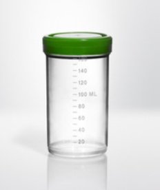 Screw cap container PP, 170 ml, Ø58X99,5 mm, cap pre-assembled, container transparent, cap green, grading 3 sided, every 10ml, s
