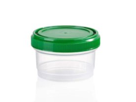 Screw cap container PP, 250 ml, Ø97,5X58mm, cap seperatly packed, container transparent, cap green, grading 3 sided, every 10ml,