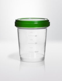 Screw cap container PP, 400ml, Ø97,5X112,5mm, cap seperatly packed, container transparent, cap green, grading 3 sided, every 10m