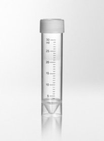 Test tube PP with fitted screw cap PE, 30ml, Ø25x107 mm, conical bottom, skirted, tube transparent, cap natural, grad., sterile 