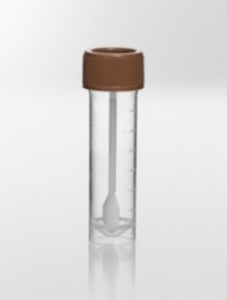 Universal specimen container with spoon PP, 15ml, Ø20x76mm, with fitted screw cap PE, skirted, container transparent, cap brown,