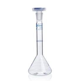 Volumetric flask 2ml, BLAUBRAND®, class A, DE-M, Boro 3.3, with PP stopper, trapezoidal, ISO batch certificate, 2pcs/pack