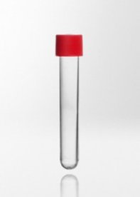 Test tube PS with fitted screw cap PE, 12ml, Ø16x100 mm, round bottom, tube transparent, cap red, sterile R, max. RCF 3.000g. 12