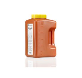 24-hrs-urine collection bottle HDPE, with fitted screw cap PP , 3 liter, with label, with insert, bottle brown, screw cap yellow
