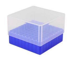 Polypropylene box 75h x 133 x 133 with 9x9 dividers, lid, printed code on base and sides