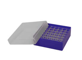 Polypropylene box 75h x 133 x 133 with hole insert, format 8x8. Holes tubes with diameter of 11mm, Text printed next to each hol