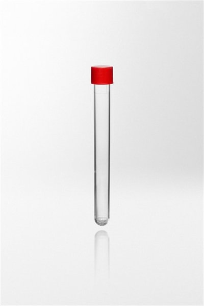 Test tube PS with fitted screw cap PE, 19ml, Ø16x150 mm, round bottom, tube transparent, cap red, sterile R. 800pcs/pack