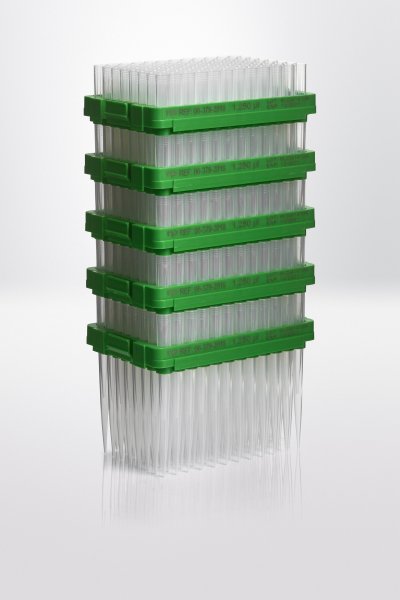 Pipette tips PP, premium surface, refill system, 100-1.250µl, 96 pcs/tray, transparent tips, green, 4800 pcs
