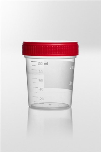Universal container PP, 125ml, Ø55x72 mm, with enclosed screw cap PE, container transparent, cap red, graduated, with writing 