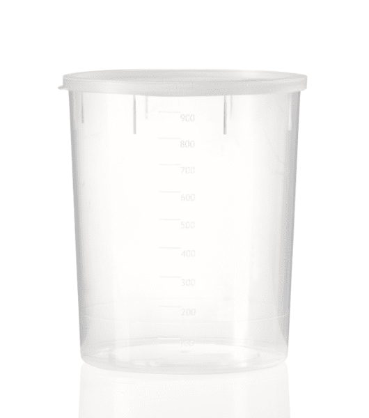 Multi purpose container PP, 1.000ml, Ø110x132 mm, with enclosed snap-on lid PE , transparent, graduated, 250pcs
