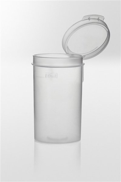 Hinged lid container PP, 80 ml, Ø45x80 mm, transparent, graduated at 80 ml, writing area, np pcr ready, autoclavable up to 121