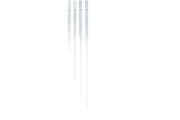 145 mm, Pasteur pipette, soda-lime glass, ISO 7712. Long drawn-out capillary tip. Suction end with constriction for a cotton plu